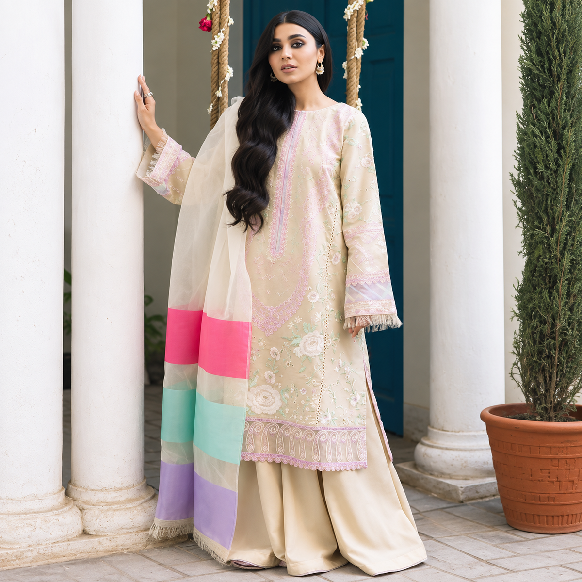 Pakistani Floral Embroidered Three Piece Suit