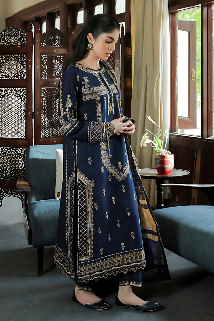Pakistani Qalamkar Qline Embroidered Unstitched Three Piece - Navy Blue