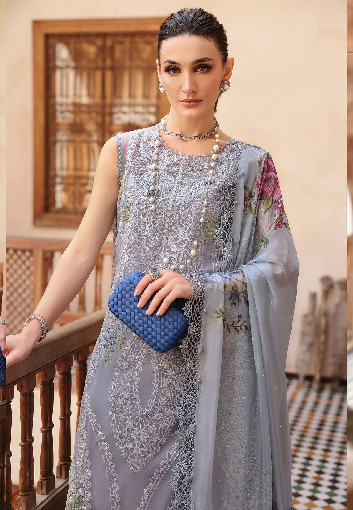 Pakistani Maria B Luxury Lawn Unstitched Three Piece - Ice Blue