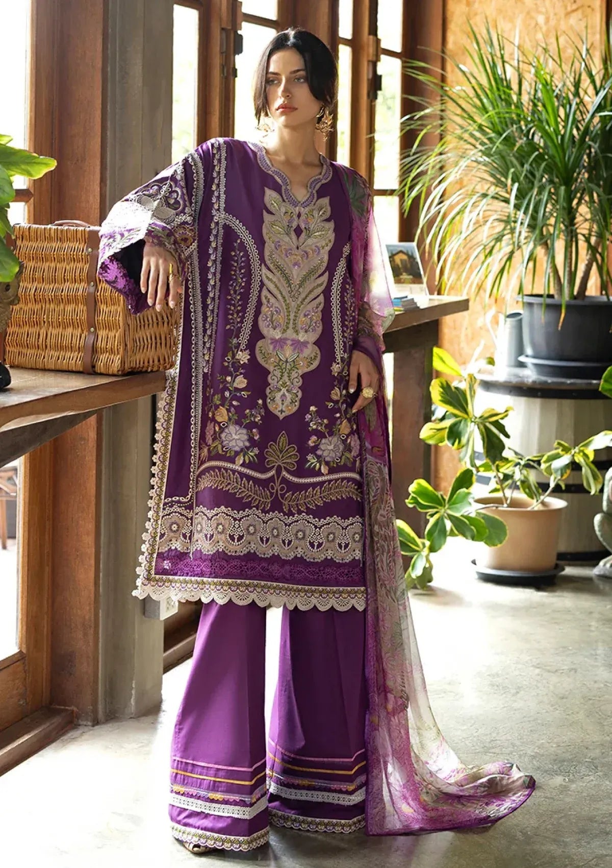 Pakistani Eastern Lawn Three Piece Suit - Purple