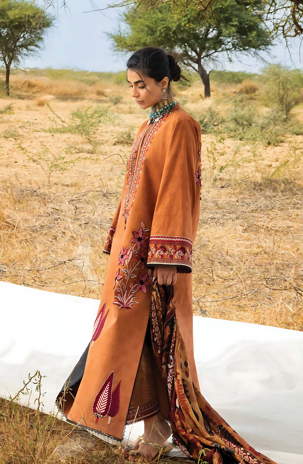 Pakistani Zainab Chottani Embroidered Jacquard Unstitched Three Piece - Brown