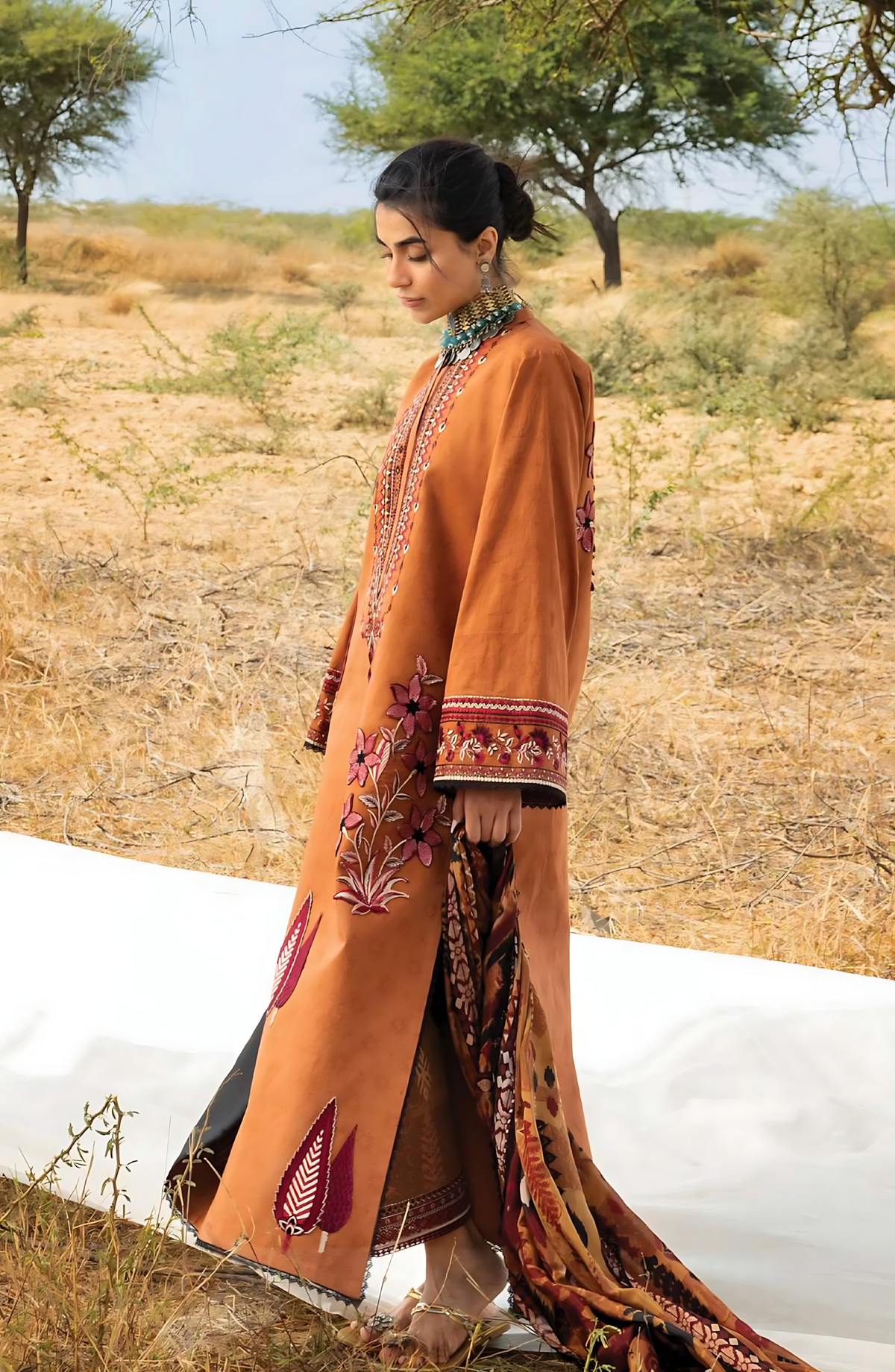 Pakistani Zainab Chottani Embroidered Jacquard Unstitched Three Piece - Brown