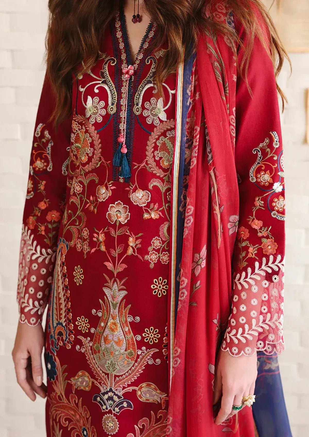 Pakistani Chikankari Embroidered Lawn Three Piece Suit - Red