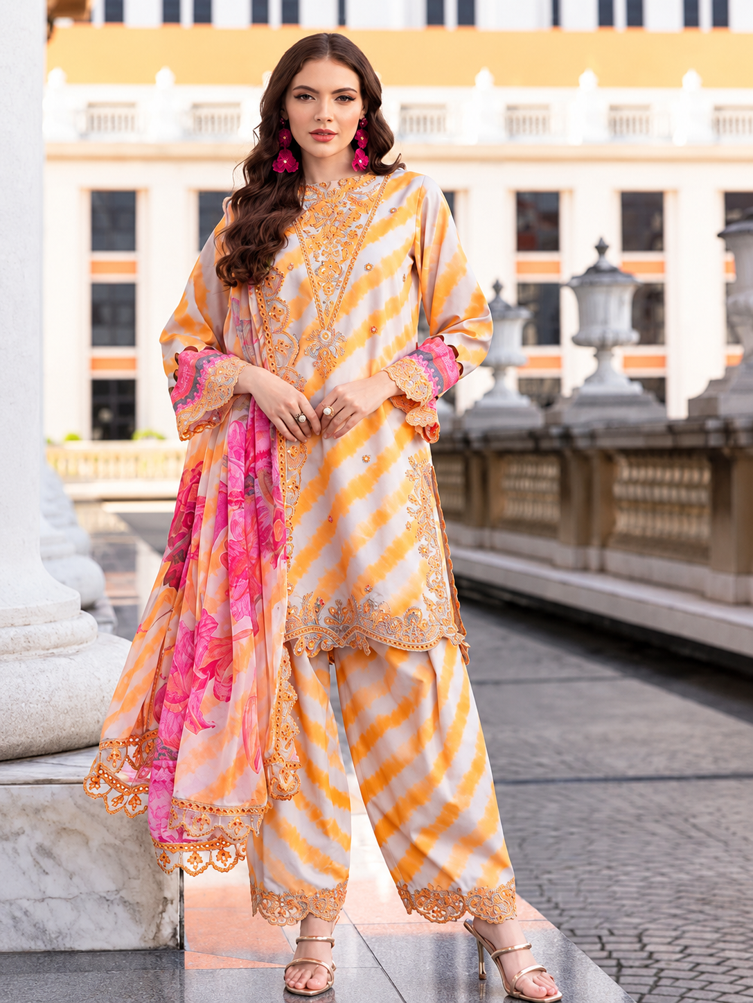 Pakistani Embroidered Printed Lawn Unstitched Suit With Chiffon Dupatta