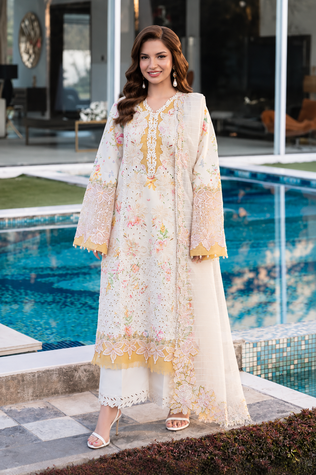 Pakistani Printed Embroidered Lawn Three Piece