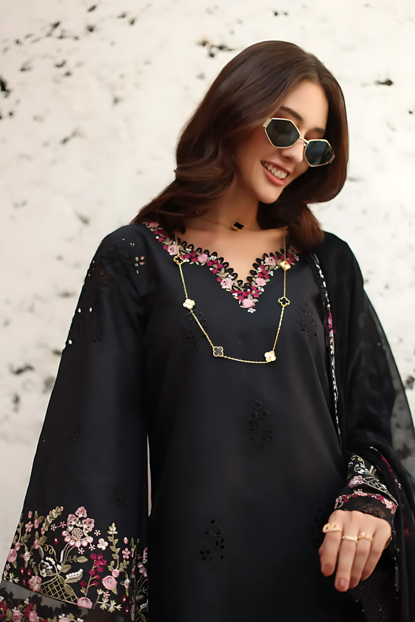 Pakistani Noor By Saadia Asad Lawn Unstitched Three Piece - Black