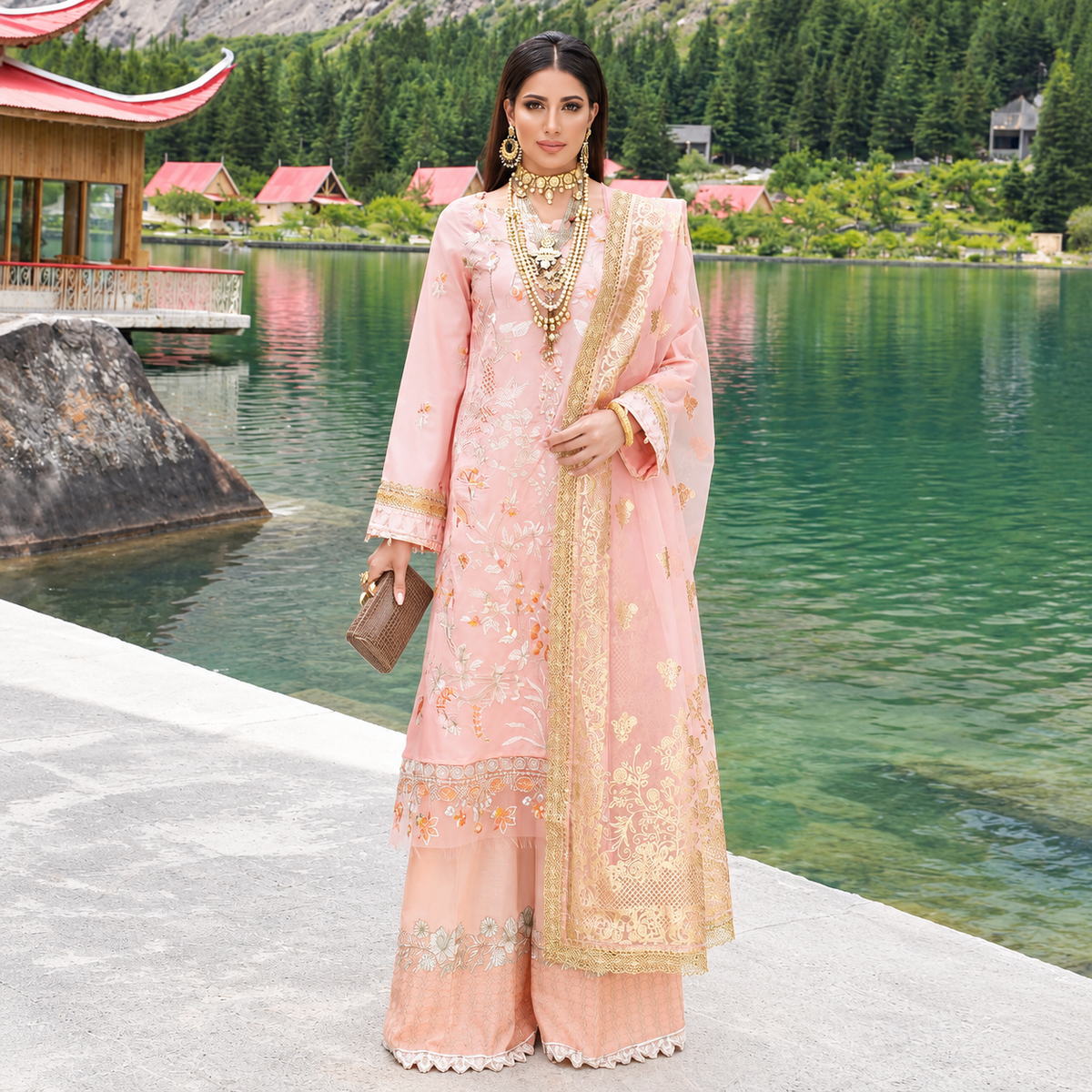 Pakistani Floral Embroidered Three Piece Suit With Embellished Dupatta