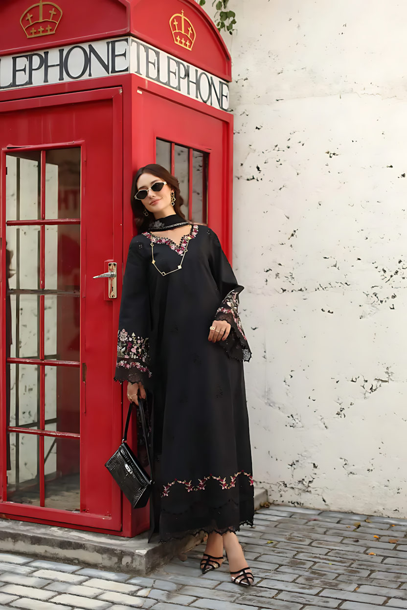 Pakistani Noor By Saadia Asad Lawn Unstitched Three Piece - Black