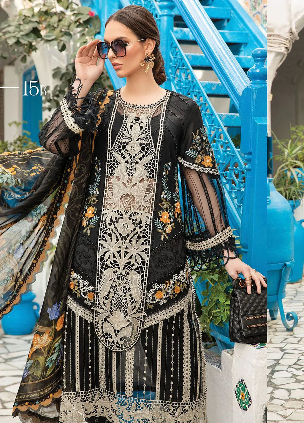 Pakistani Maria B Embroidered Lawn Unstitched Three Piece - Black