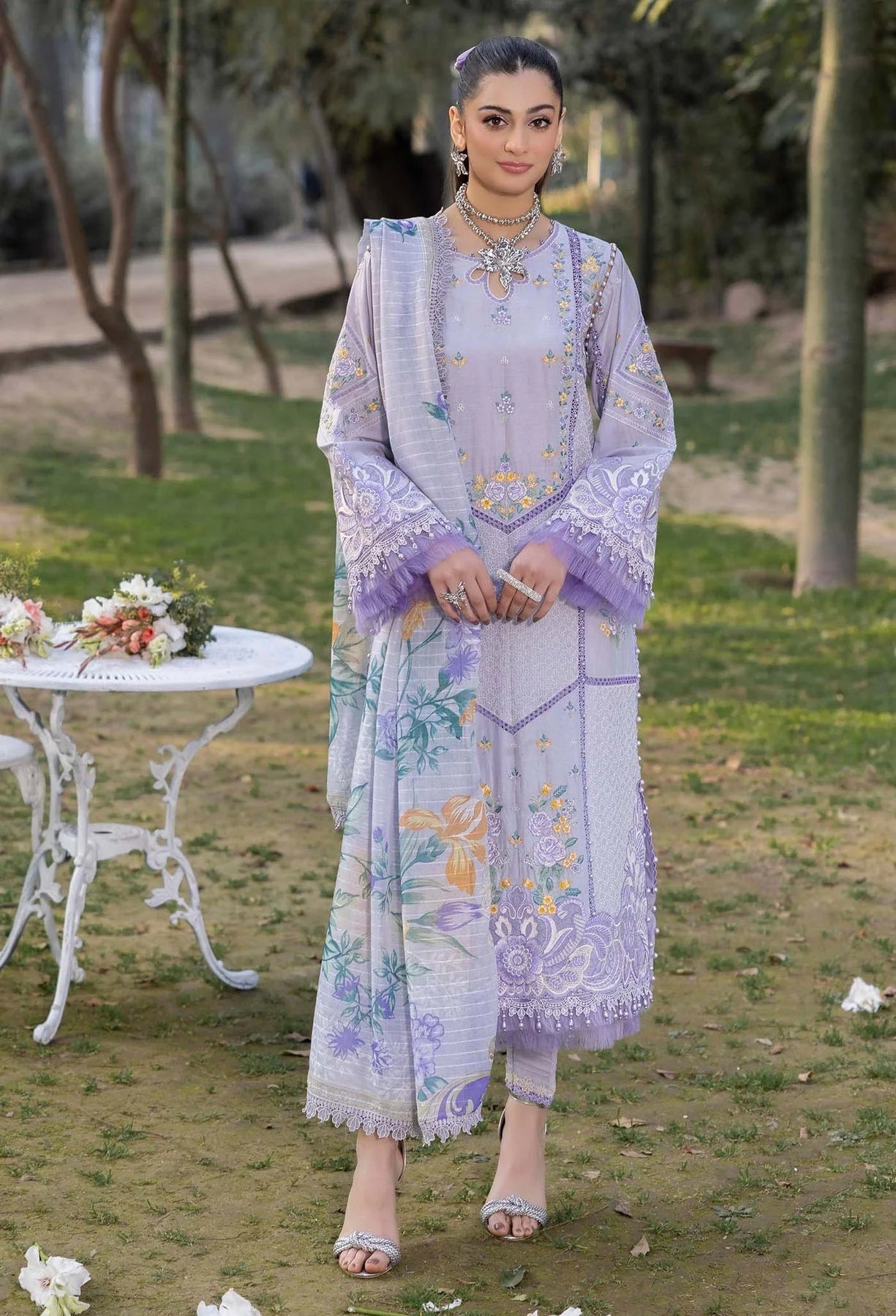 Pakistani Adan's Libas Gull Rukh Lawn Embroidered Unstitched Three Piece - Wisteria
