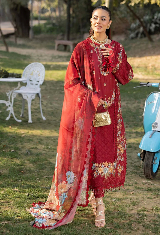 Pakistani Adan's Libas Gull Rukh Lawn Embroidered Unstitched Three Piece - Merlot