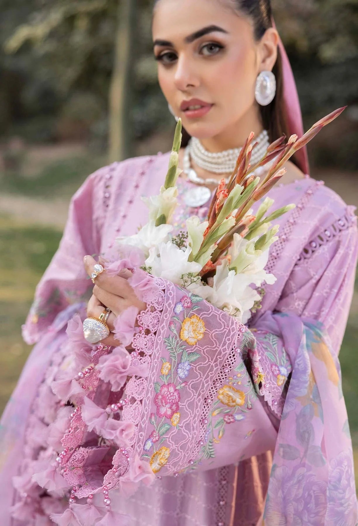 Pakistani Adan's Libas Gull Rukh Lawn Embroidered Unstitched Three Piece - Thistle