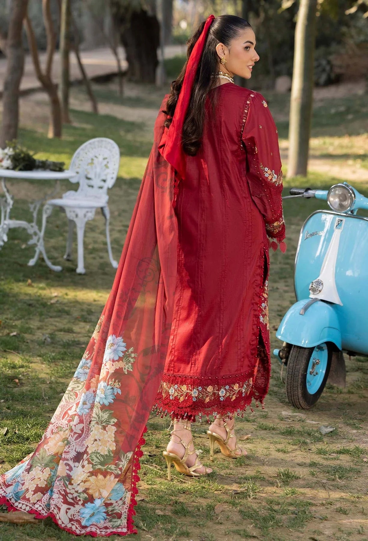 Pakistani Adan's Libas Gull Rukh Lawn Embroidered Unstitched Three Piece - Merlot