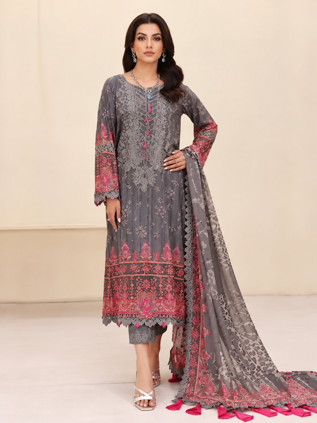 Pakistani Charizma Embroidered Lawn Three Piece - Carbon Grey