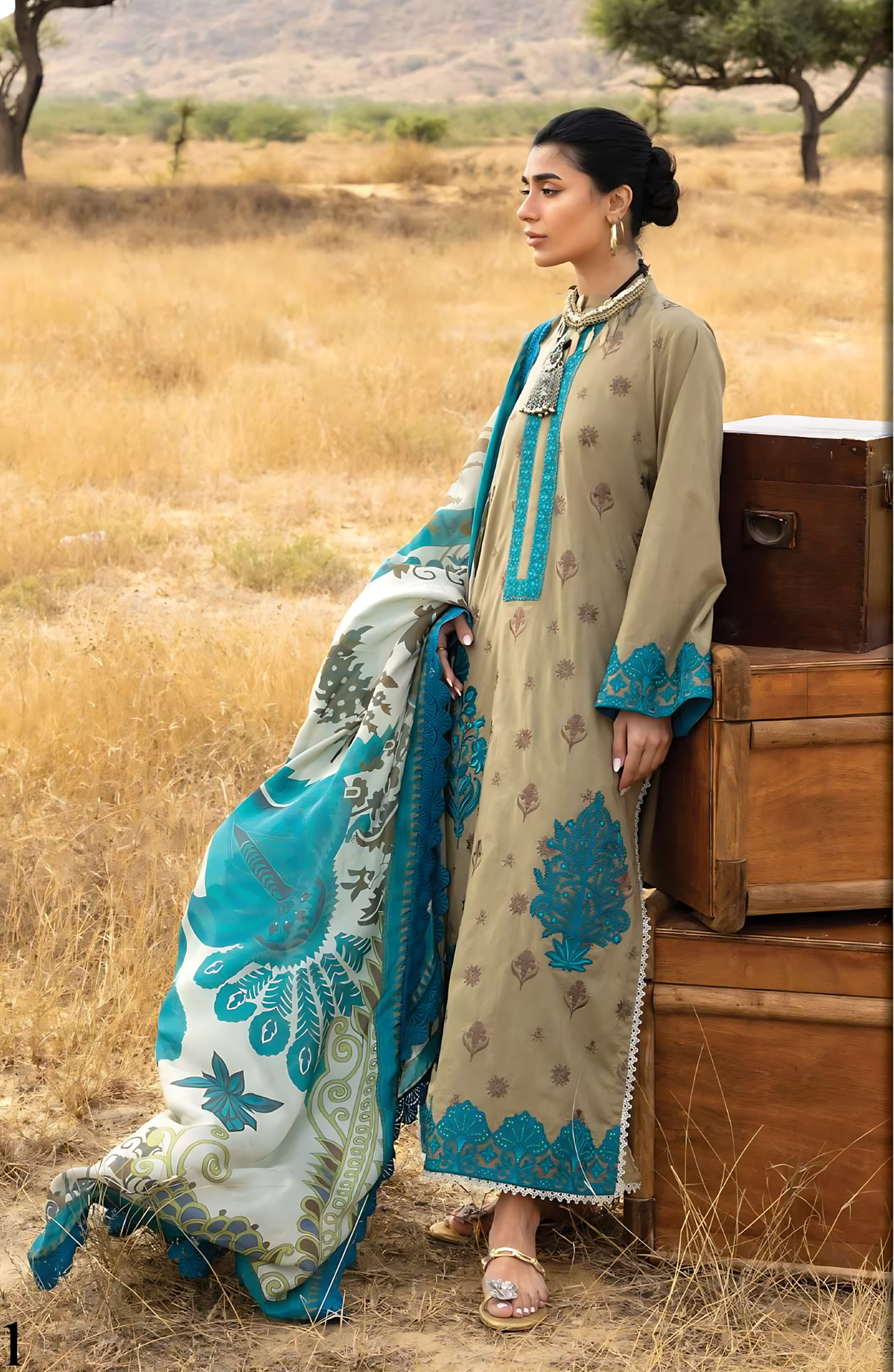 Pakistani Zainab Chottani Embroidered Jacquard Unstitched Three Piece - Beige