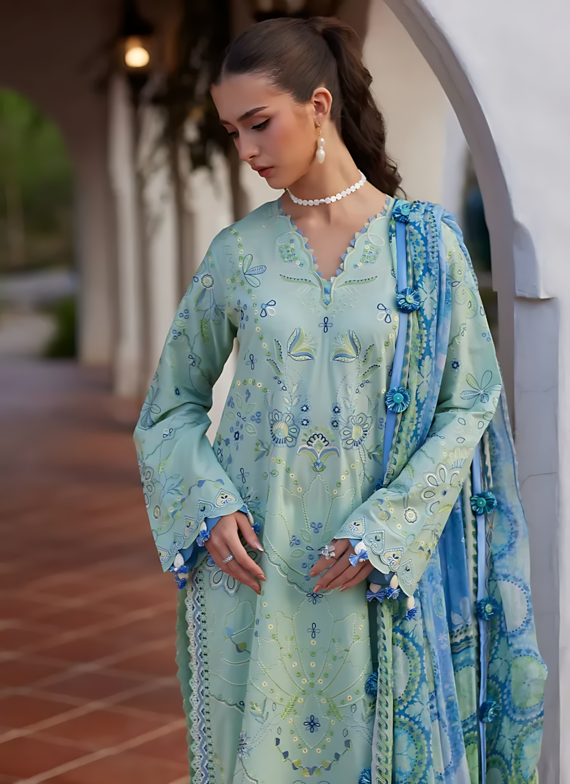 Pakistani Farah Talib Aziz Lawn Unstitched Three Piece - Teal Blue