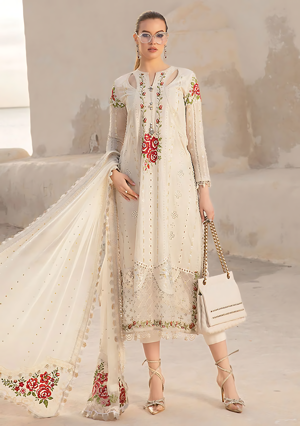 Pakistani Maria B Embroidered Organza Unstitched Three Piece - Off White