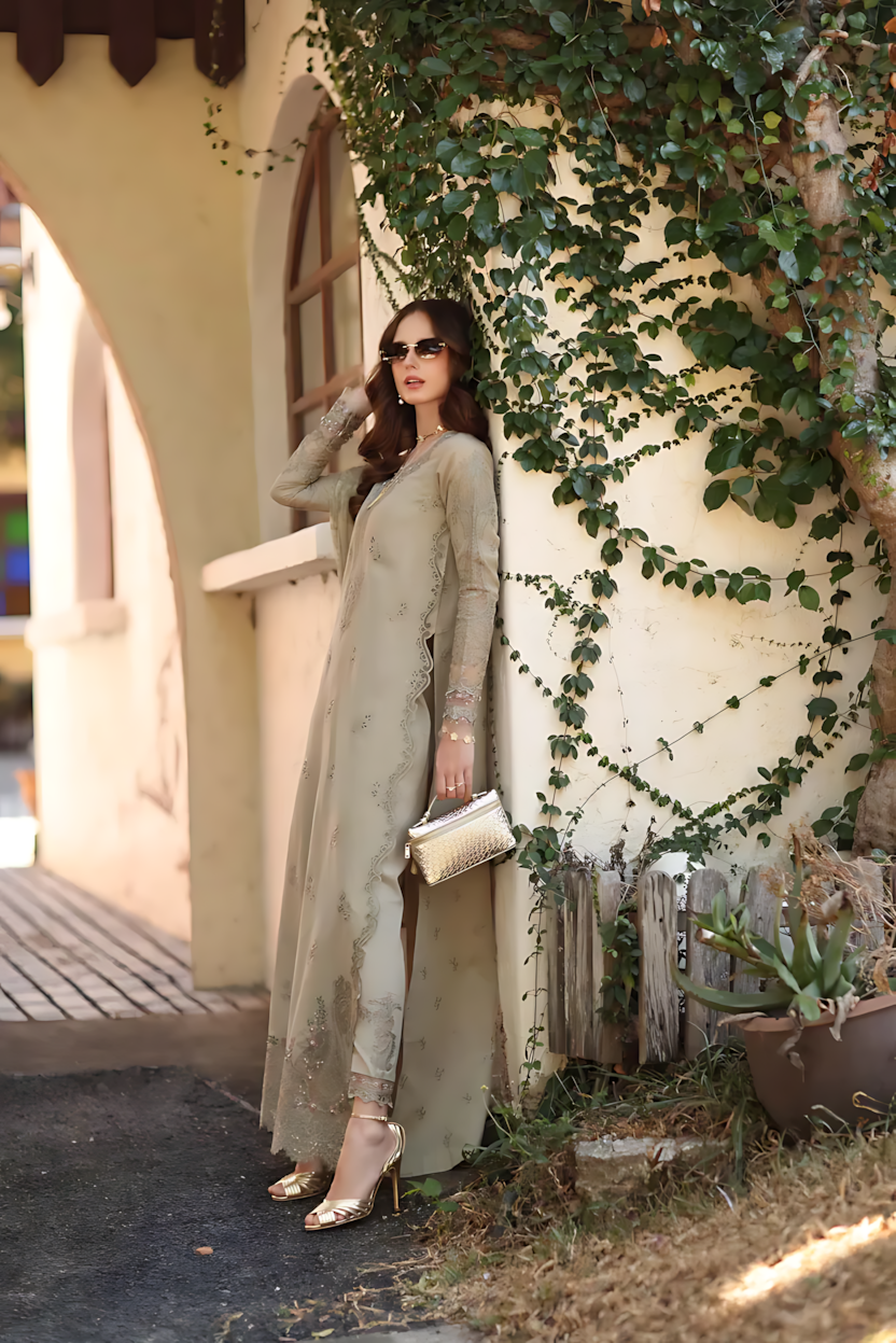 Pakistani Noor By Saadia Asad Lawn Unstitched Three Piece - Pale Oyster