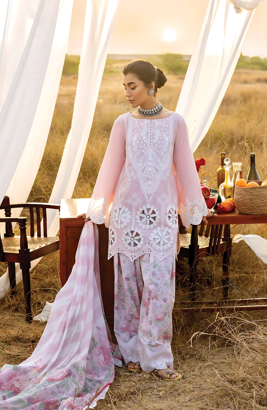 Pakistani Zainab Chottani Embroidered Jacquard Unstitched Three Piece - Pink