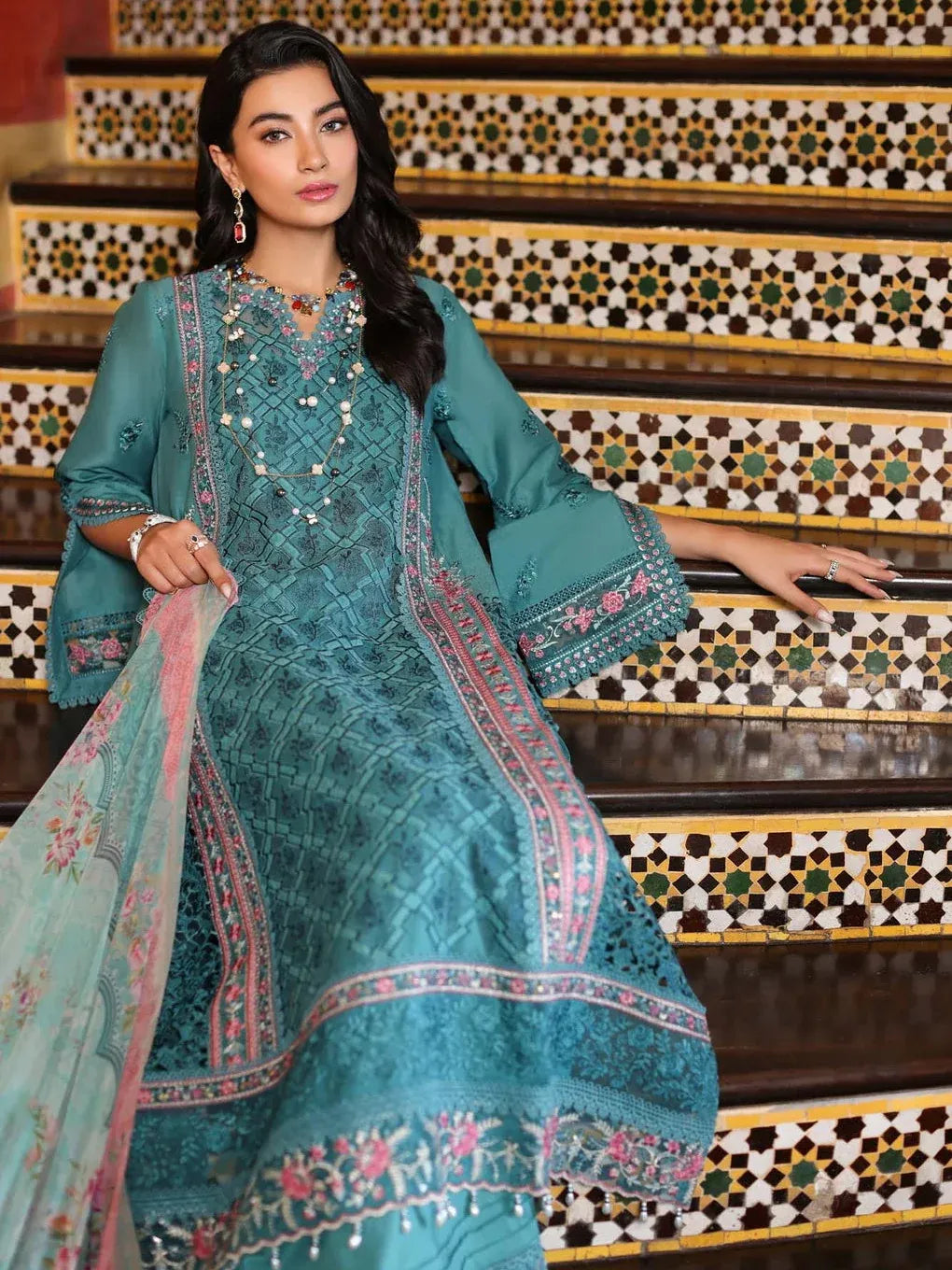 Pakistani Noor by Saadia Asad Unstitched Three Piece - Dusty Teal