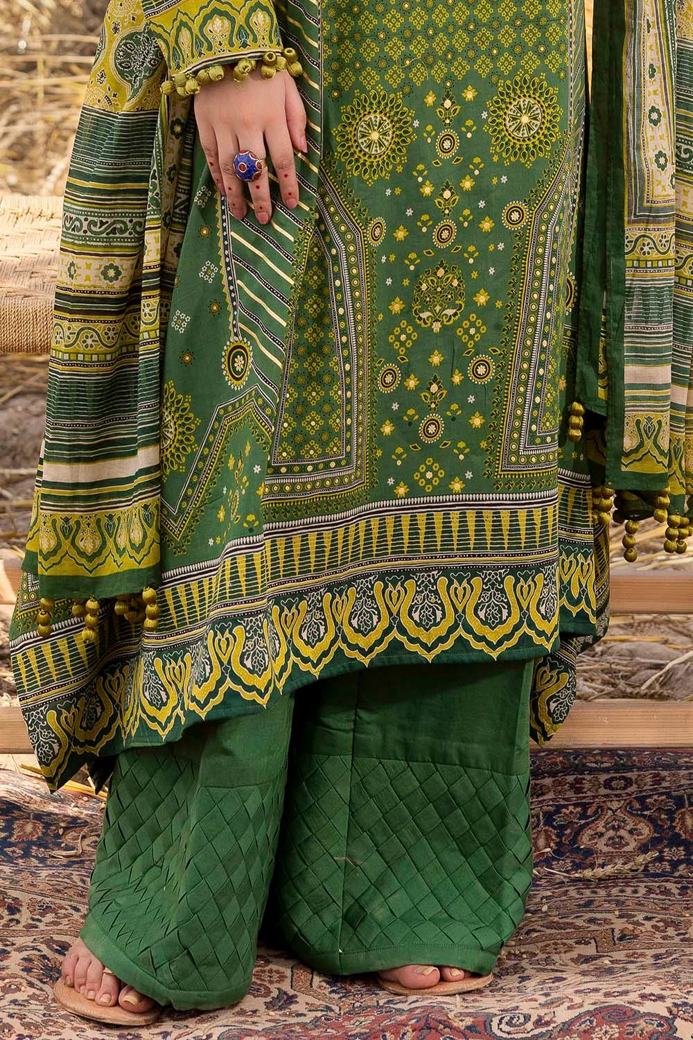 Pakistani Ajrak by Gul Ahmed Printed Unstitched Lawn Three Piece - Lunar Green