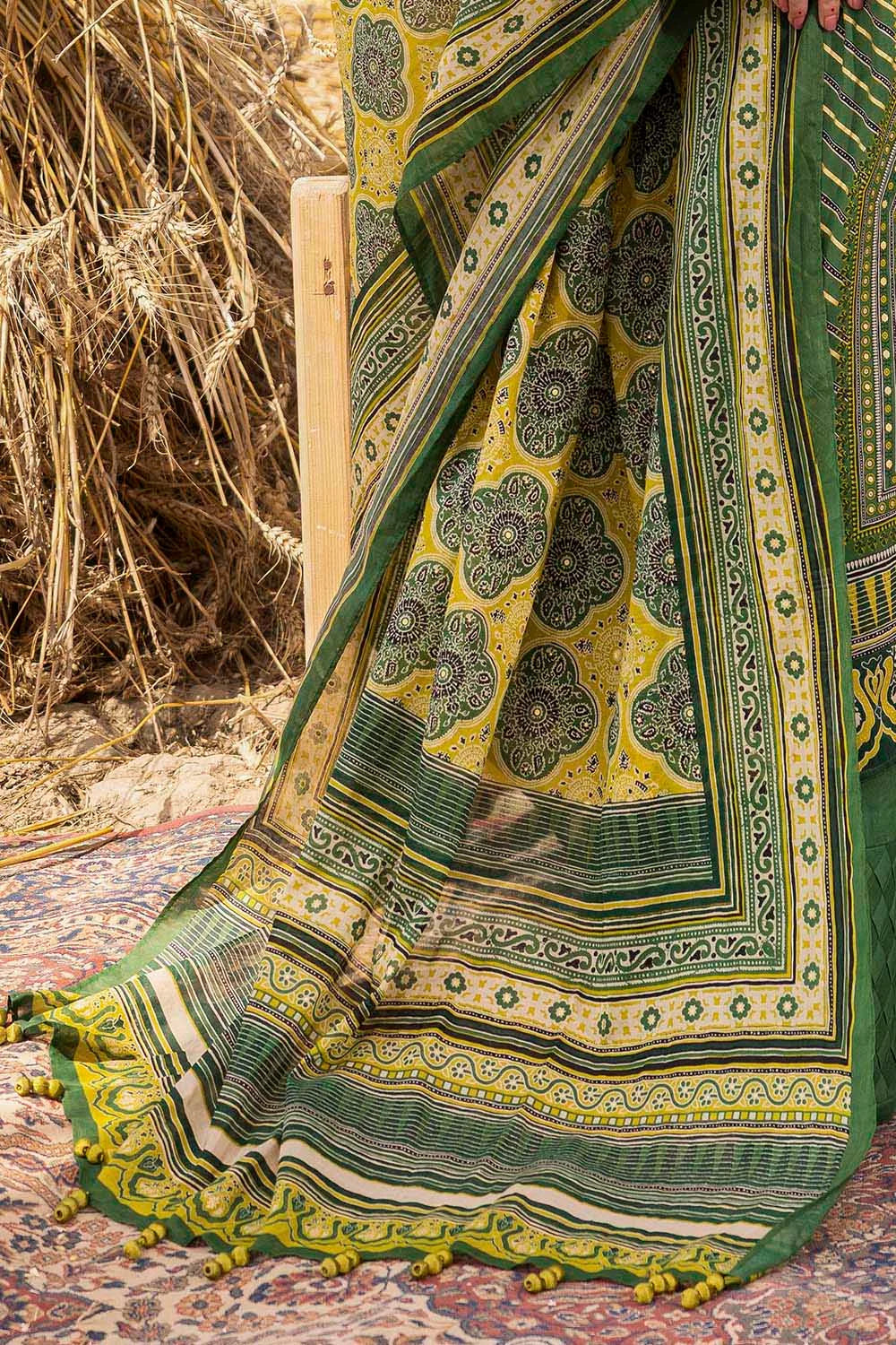 Pakistani Ajrak by Gul Ahmed Printed Unstitched Lawn Three Piece - Lunar Green