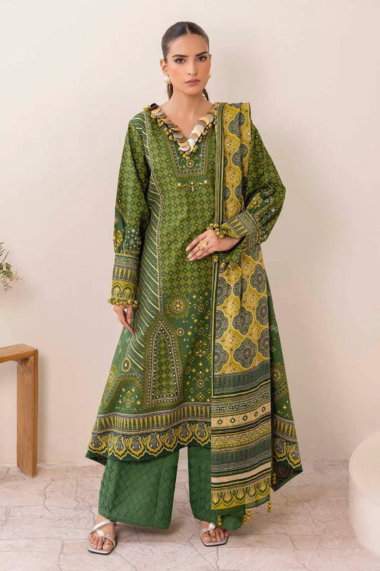 Pakistani Ajrak by Gul Ahmed Printed Unstitched Lawn Three Piece - Lunar Green