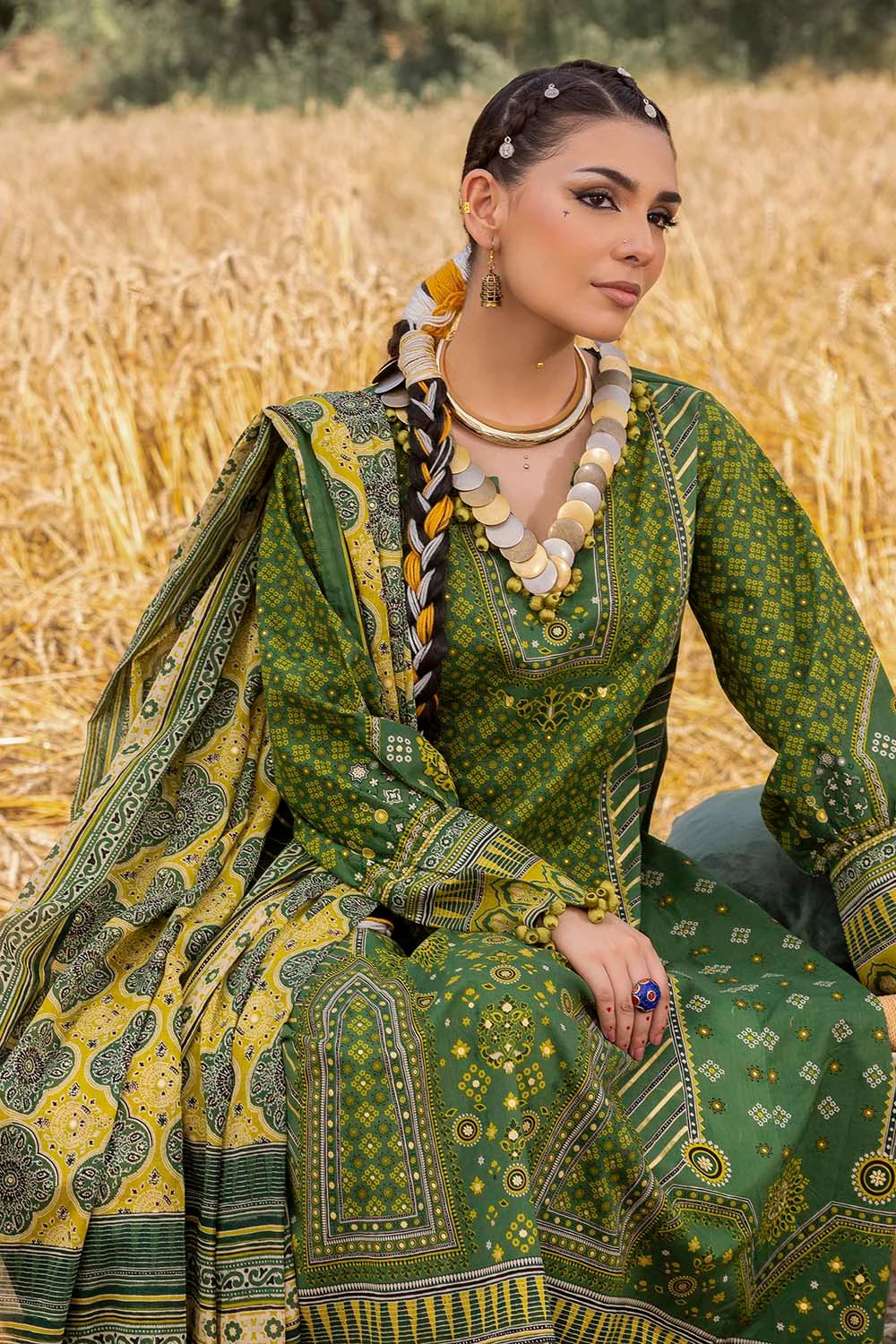 Pakistani Ajrak by Gul Ahmed Printed Unstitched Lawn Three Piece - Lunar Green