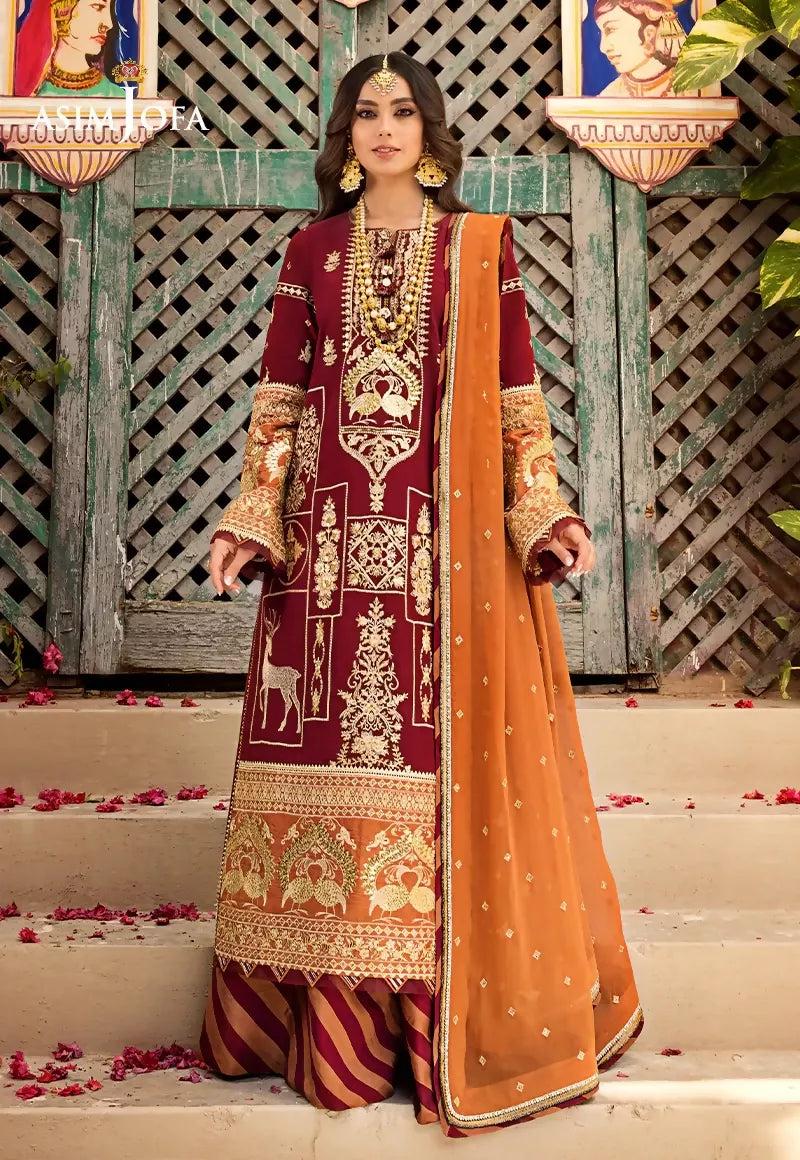 Pakistani Asim Jofa Embroidered Lawn Unstitched Three Piece - Paprika