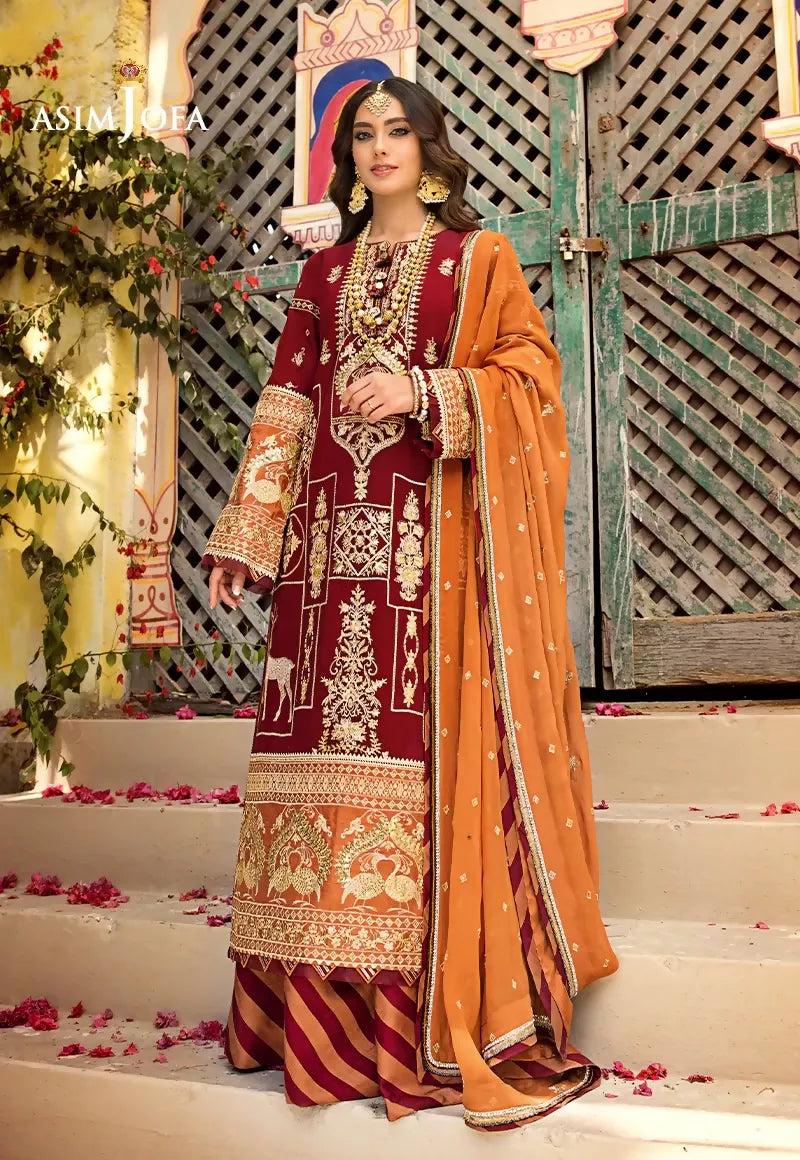 Pakistani Asim Jofa Embroidered Lawn Unstitched Three Piece - Paprika