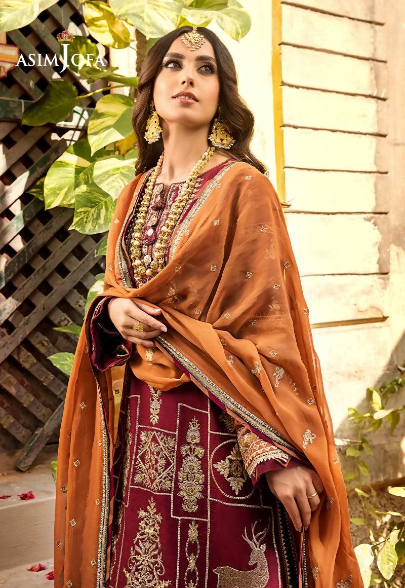 Pakistani Asim Jofa Embroidered Lawn Unstitched Three Piece - Paprika