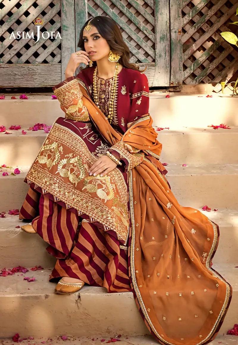 Pakistani Asim Jofa Embroidered Lawn Unstitched Three Piece - Paprika