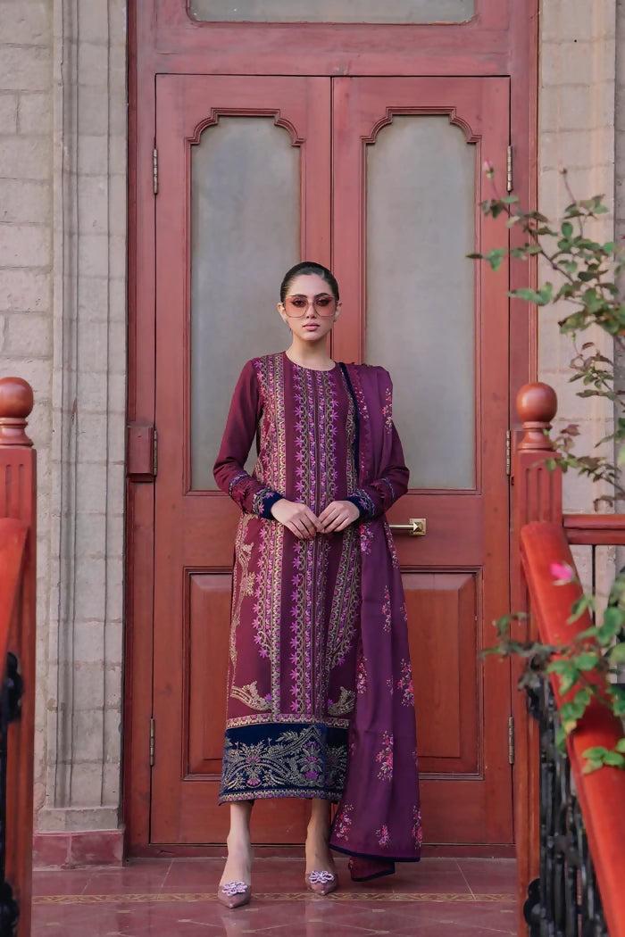 Pakistani MUSHQ Unstitched Embroidered Burgundy Three Piece