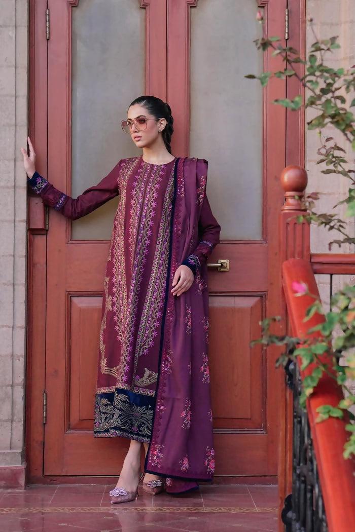 Pakistani MUSHQ Unstitched Embroidered Burgundy Three Piece