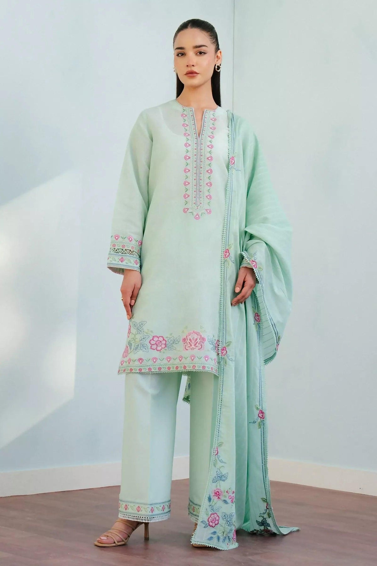 Pakistani Zara Shahjahan Embroidered Unstitched Lawn Three Piece - Indi