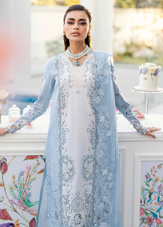 Pakistani Qalamkar Chikankari Lawn Embroidered Unstitched Three Piece - Carolina Blue