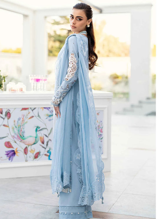 Pakistani Qalamkar Chikankari Lawn Embroidered Unstitched Three Piece - Carolina Blue