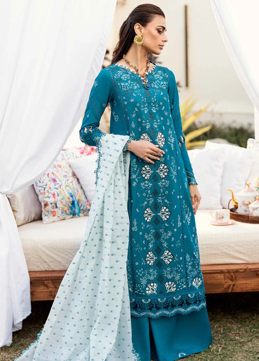 Pakistani Qalamkar Chikankari Lawn Embroidered Unstitched Three Piece - Aquamarine