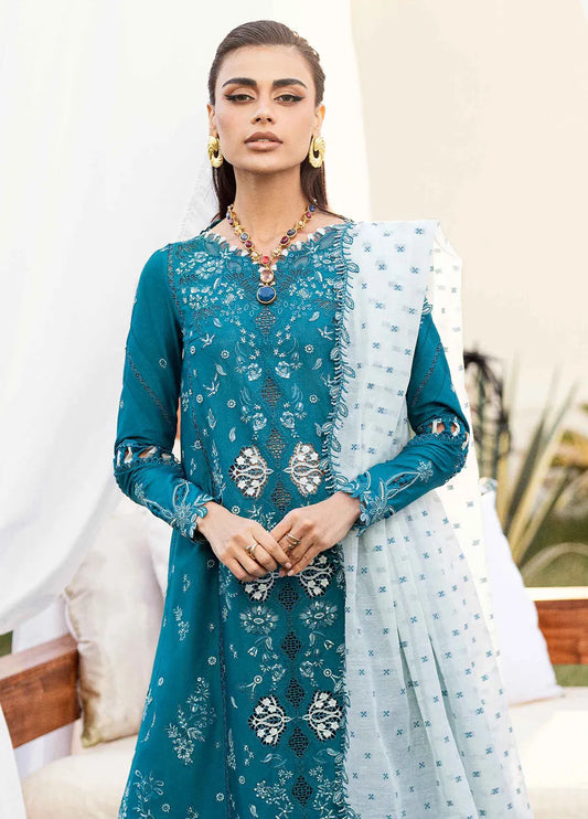 Pakistani Qalamkar Chikankari Lawn Embroidered Unstitched Three Piece - Aquamarine