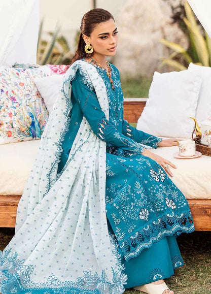 Pakistani Qalamkar Chikankari Lawn Embroidered Unstitched Three Piece - Aquamarine