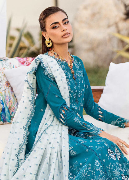Pakistani Qalamkar Chikankari Lawn Embroidered Unstitched Three Piece - Aquamarine